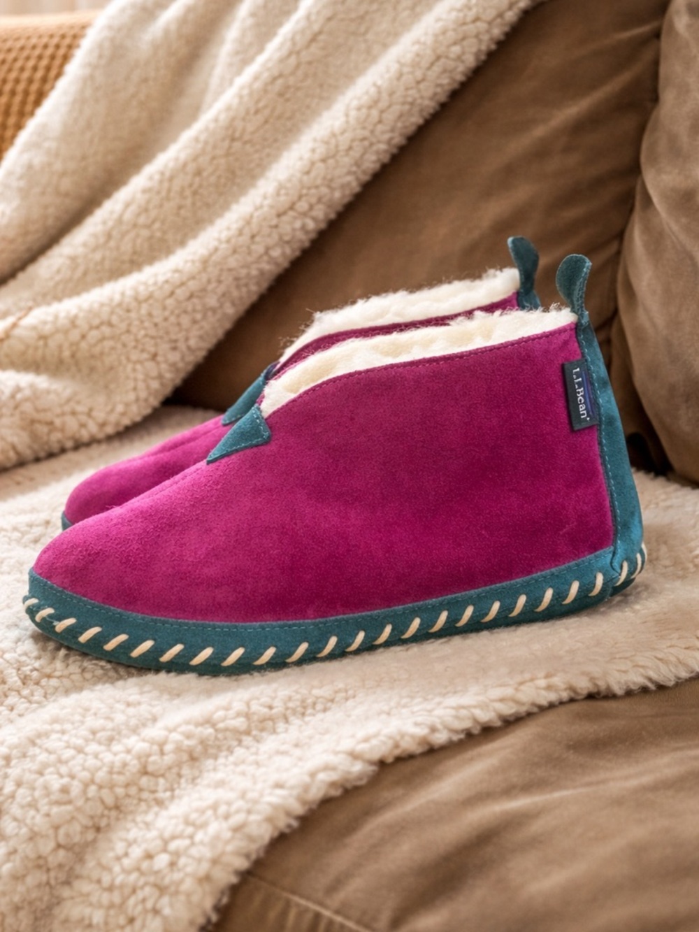 L.L. Bean Suede Fleece-Lined Slipper Boots in Magenta & Teal